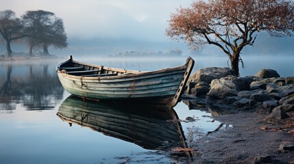 Obraz premium A lone boat glides through the tranquil fog-covered waters, surrounded by lush trees and reflected in the glistening lake, a serene escape from the chaos of the bustling sky and bustling city life