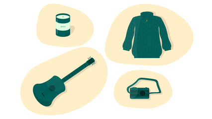 vector, illustration, pack, set, collection, fall, autumn, sweater, acoustic guitar, camera