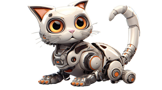 Robo-kitty, cybernetic pet, white metal body with orange details, a blend of nature's elegance with technological innovation, white background