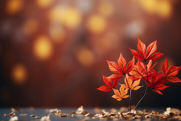 Web banner design for autumn season and end year activity with red and yellow maple leaves with soft focus light and bokeh background. AI generative