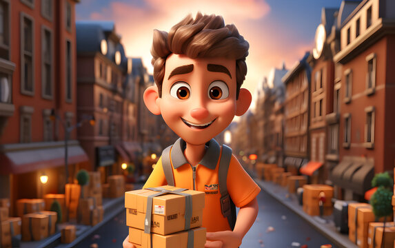 Delivery man holds a parcel box in the city animation style