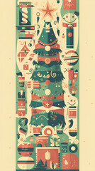 Abstract Christmas illustration. Ornament with Christmas tree. Teal and orange colors, flat retro style