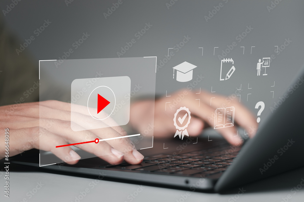 Aufkleber e learning technology concept. student using computer laptop to e-learning online education for inte