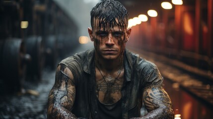 A mesmerizing screenshot captures a man with tousled wet hair and an intricate display of tattoos, exuding a raw and rebellious energy that leaves a lasting impression - obrazy, fototapety, plakaty