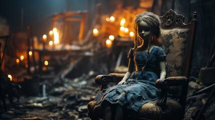 A fiery doll, forged in the heat of a factory, rests peacefully in a chair, embodying the delicate balance between destruction and creation - obrazy, fototapety, plakaty