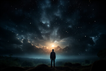 silhouette of a man standing on a hill against the background of the night starry sky.