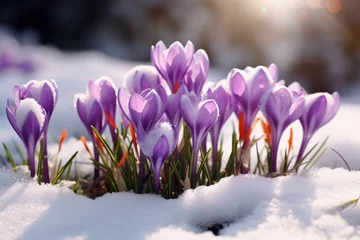 Tuinposter Purple spring crocus flowers growth in the snow © leriostereo
