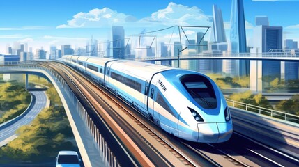 Fototapeta premium Modern bullet train runs on its track against the background of blurry urban cityscape