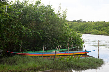 Obraz na płótnie Canvas Canoes docked on the riverbank next to the mange. Fishing boats.