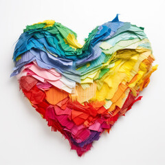 A heart shape. Stripes of the LGBTQI+ flag created with material. Stitched together. Rainbow flag. Craft. Homemade. LGBTQI+ rights and awareness. Gay pride.