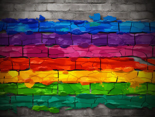 Stripes of the LGBTQI+ flag painted on a brick wall. Rainbow flag. Craft. Homemade. LGBTQI+ rights...