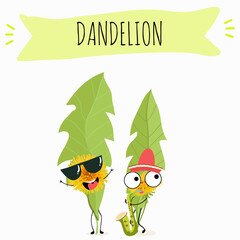 Obraz premium Vector cartoon character dandelion, funny character, medicinal plant, cooking.