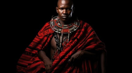 Fototapeta na wymiar a horizontal format of a Maasai warrior in tribal costume in Lifestyle-themed, photorealistic illustrations in JPG. Generative ai