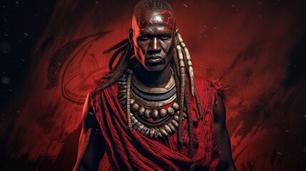 Fototapeta na wymiar a horizontal format of a Maasai warrior in tribal costume in Lifestyle-themed, photorealistic illustrations in JPG. Generative ai