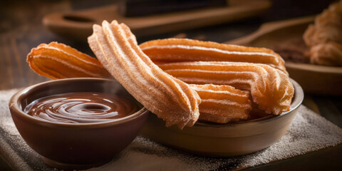 Milk chocolate and churros, for breakfast. Generative AI.