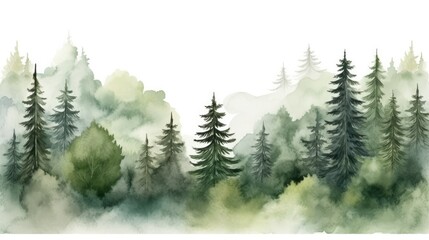 Watercolor foggy coniferous forest