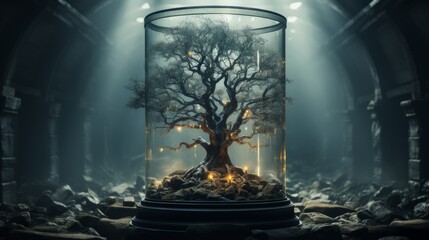 A solitary tree, encased in a misty glass prison, illuminated by ethereal beams of light, yearning to break free and thrive in the untamed wilderness - obrazy, fototapety, plakaty