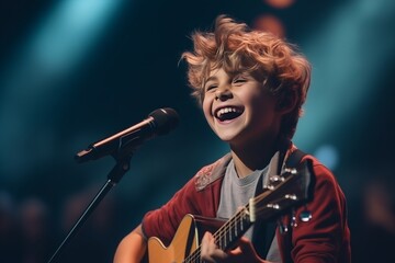 Little boy singer plays an acoustic guitar and sings at a concert
