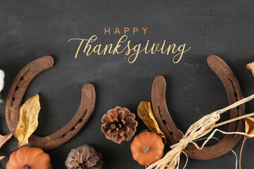 Happy Thanksgiving background flat lay background with autumn decorative elements for seasonal...