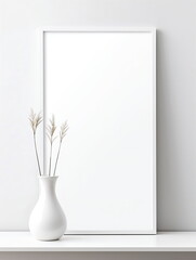 Fresh Minimalism: White Background with Green Plants and Blank Picture Frame Design Template