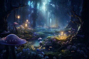 Enchanting glowing flowers and plants in a magical forest at night. Generative AI
