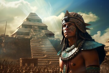 Ancient Aztec strong man old pyramid. Indian ruin. Generate AI - obrazy, fototapety, plakaty