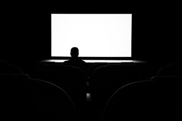 Silhouette of a man, a lone spectator sitting in a chair in the cinema hall against a white screen,...