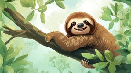 Sleeping sloth on tree branch - obrazy, fototapety, plakaty