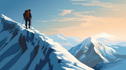 Mountain climber on a steep narrow snow ridge - obrazy, fototapety, plakaty