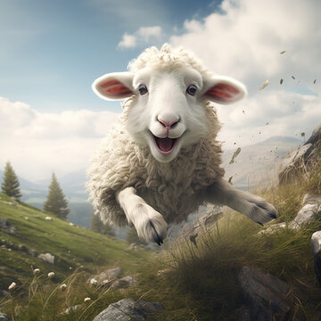 Image of a sheep in a good mood and smiling. Farm animals.