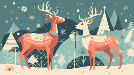 Abstract Christmas illustration with two deers. Teal and orange colors, flat retro style