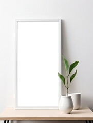 Fresh Minimalism: White Background with Green Plants and Blank Picture Frame Design Template