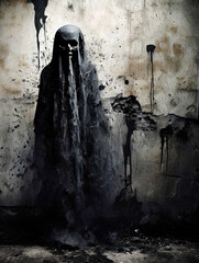 3D illustration of a dark ghost emerging from smoke on the ground