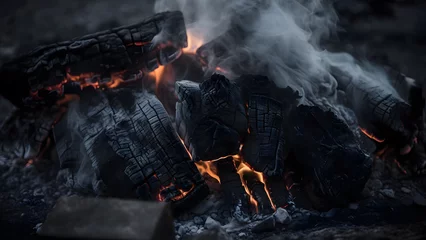  A close-up shot of burning charcoal background. © Vahram