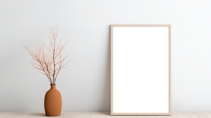 Fresh Minimalism: White Background with Green Plants and Blank Picture Frame Design Template