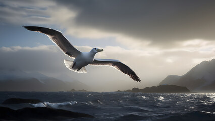 Fototapeta na wymiar A wandering albatross soaring near Island, dark skyes