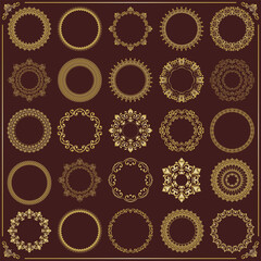 Vintage set of vector round elements. Different elements for design frames, cards, menus, backgrounds and monograms. Classic brown and golden patterns. Set of vintage patterns - 666651020