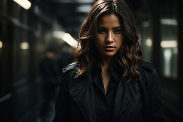 Obraz premium Close-up portrait of a beautiful brunette spy woman in a dark street