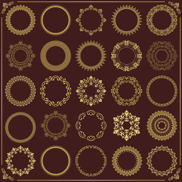 Vintage set of vector round elements. Different elements for design frames, cards, menus, backgrounds and monograms. Classic brown and golden patterns. Set of vintage patterns