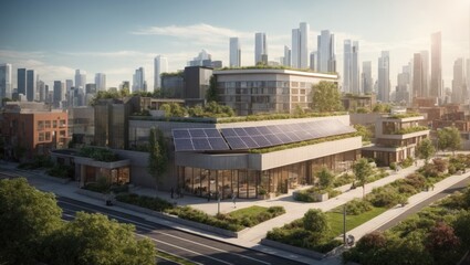 "Solar-Powered Urban Oasis: Highly Detailed 2D and Isometric Illustrations of Eco-Friendly Buildings in a Solar Punk City"