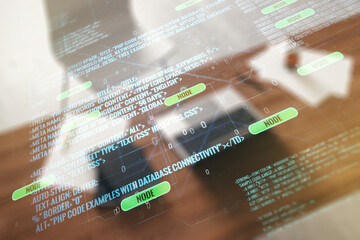 Multi exposure of abstract graphic coding sketch and modern desktop with pc on background, big data and networking concept