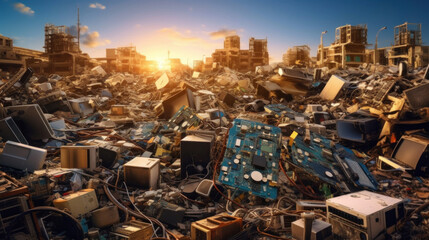 End of life renewable energy hardware, recycle mass production computer hardware and garbage in city.
