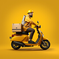 Delivery man on motorcycle on yellow background.