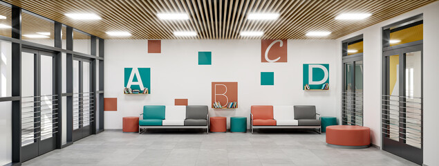 3d illustration of modern interior of lobby of modern kindergarten or school. Contemporary interior of waiting hall room in public institution