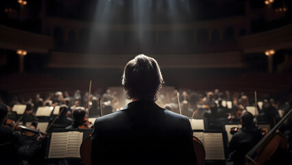 Back View of Professional Conductor Directing Symphony Orchestra - obrazy, fototapety, plakaty
