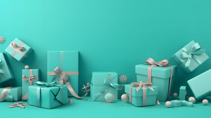 Banner with many gift boxes tied velvet ribbons and paper decorations on turquoise background
