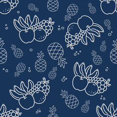 Seamless pattern of Various fruits in blue background.