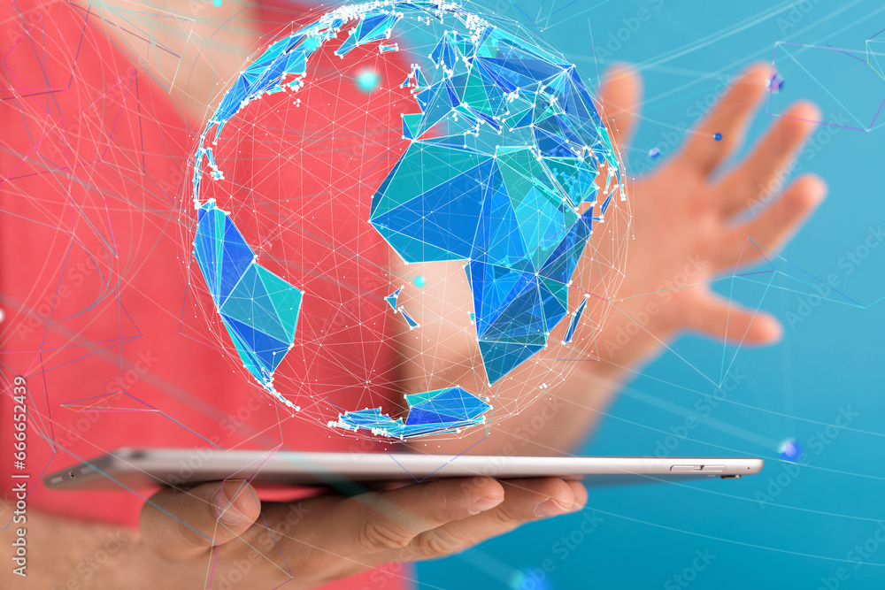 Poster Global network. Blockchain. 3D illustration. Neural networks and artificial intelligence. Abstract  - connection