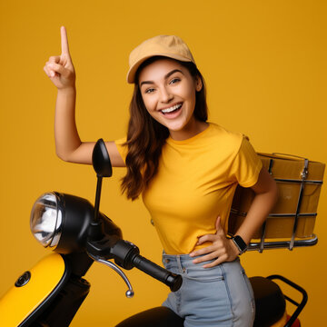 Delivery woman on a yellow background.
