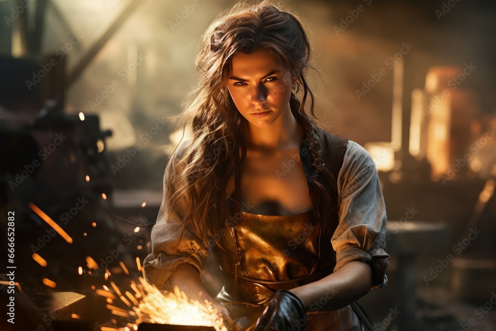 Wall mural Sturdy Blacksmith woman workshop forge. Molten industry. Generate Ai